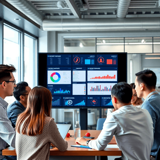 A modern office with professionals collaborating around a large screen displaying incident response metrics, showcasing teamwork and efficiency in crisis management.