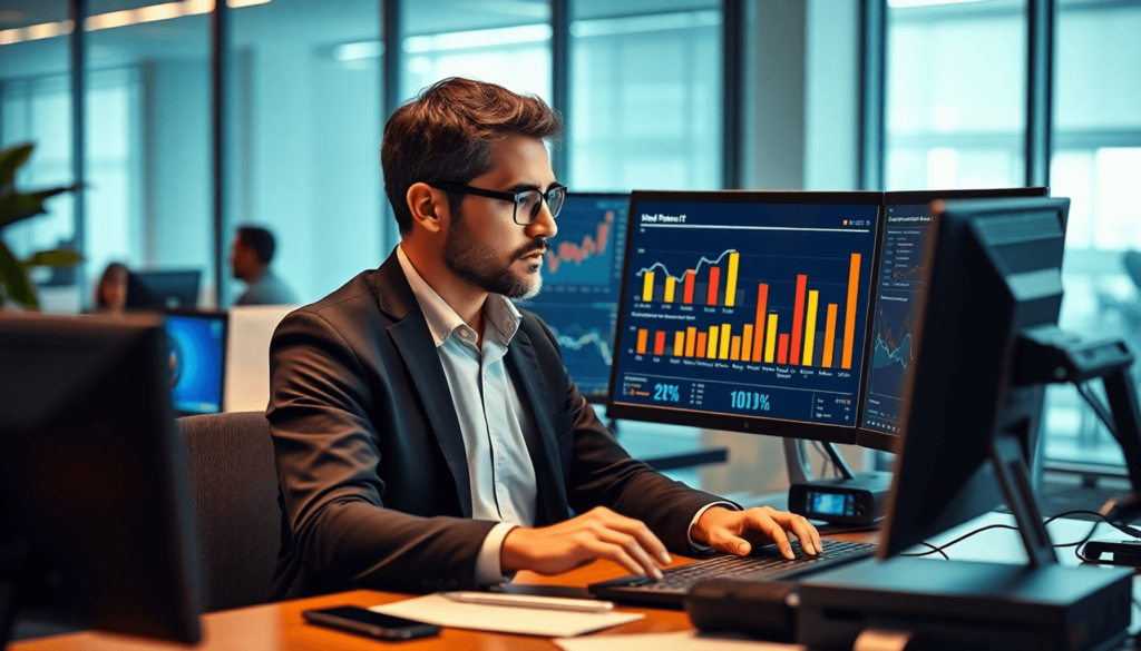 IT manager analyzing real-time infrastructure monitoring dashboards to improve performance, reduce downtime, and enhance business continuity.