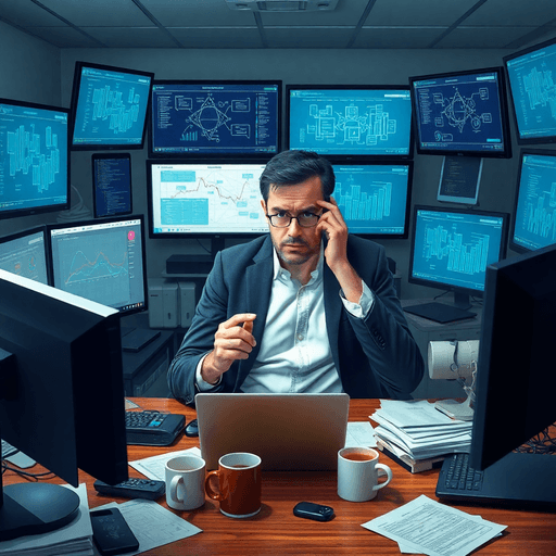 Stressed IT manager surrounded by multiple monitoring screens, managing a critical service outage that threatens business performance and revenue.